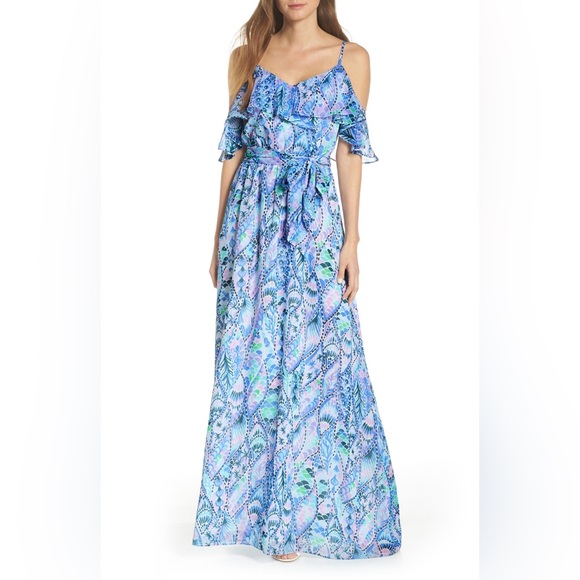 Lilly Pulitzer Dresses & Skirts - Lilly Pulitzer Zadie Cold Shoulder Maxi Dress, Coastal Blue, Tails of the Sea M